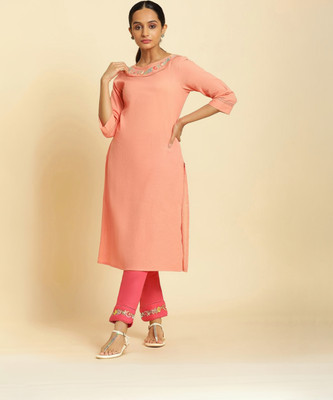 W Women Solid Straight Kurta(Orange)