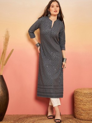 Sangria Women Embellished Straight Kurta(Grey)