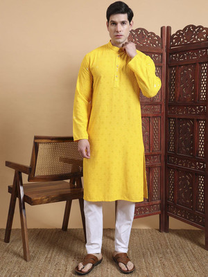 House of Pataudi Men Embroidered Straight Kurta(Yellow)