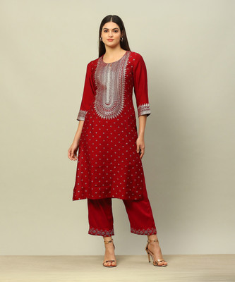 RANGRITI Women Printed Straight Kurta(Red)