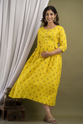 UrbanRang Women Printed Anarkali Kurta(Yellow)