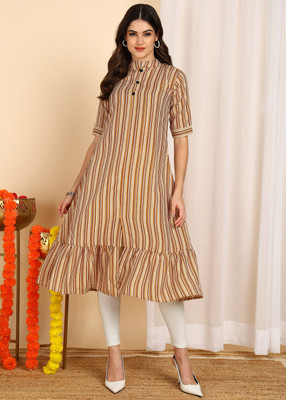 DSK STUDIO Women Striped A-line Kurta(Orange)