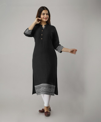 FrionKandy Women Printed Straight Kurta(Black)
