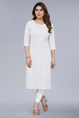 Niteshcreation Women Chikan Embroidery A-line Kurta(White)