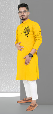 Mamta fab Men Printed Straight Kurta(Yellow)