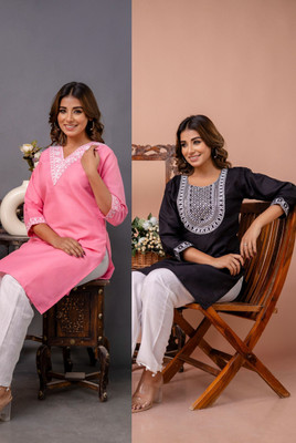 SISTO Women Chikan Embroidery Straight Kurta(Multicolor)