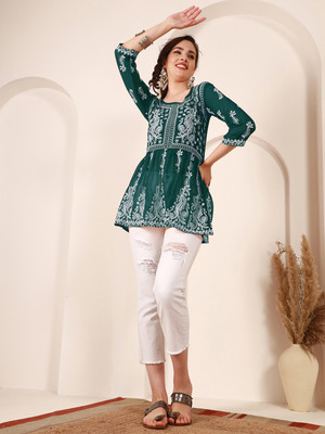 Youthnic Women Chikan Embroidery Flared Kurta(Green)