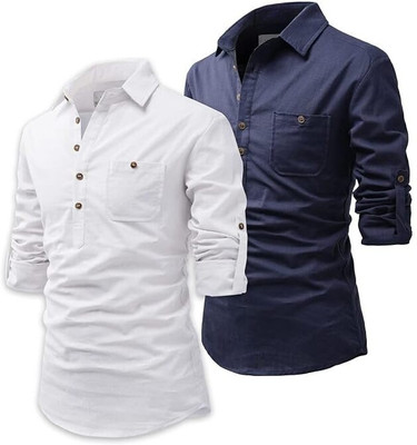 Vimal Star Men Solid Straight Kurta(Dark Blue, White)