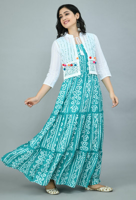RUDRA ONLINE Women Bandhani Anarkali Kurta(Light Blue)