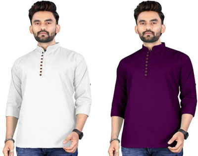 click n buy Men Solid Straight Kurta(White, Purple)