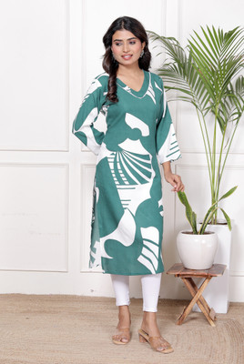 aashub Women Abstract Straight Kurta(Light Green)