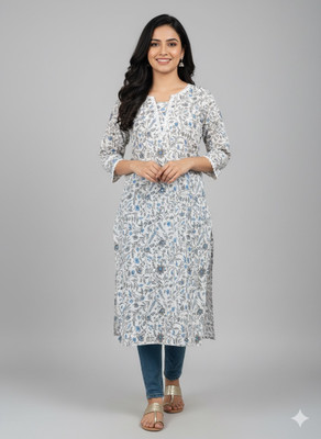 Elaasa Women Floral Print Straight Kurta(Grey)