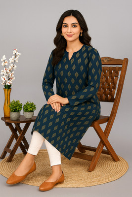 barriosgroup Women Printed Straight Kurta(Dark Blue)