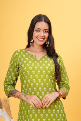 anjushree Women Floral Print Straight Kurta(Green)
