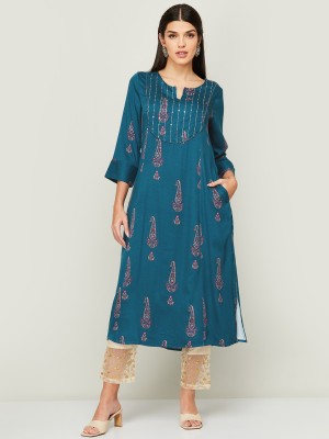 Melange by Lifestyle Women Embroidered A-line Kurta(Blue)