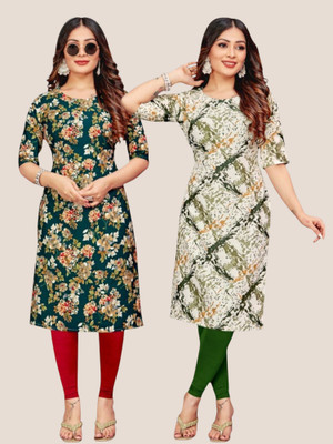 HouseOfCommon Women Printed Straight Kurta(Green, White)