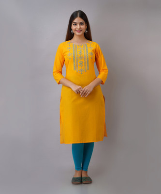 KSHARAA Women Embroidered Straight Kurta(Yellow)