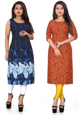 Modli 20 Fashion Women Floral Print, Printed Straight Kurta(Blue, Orange)