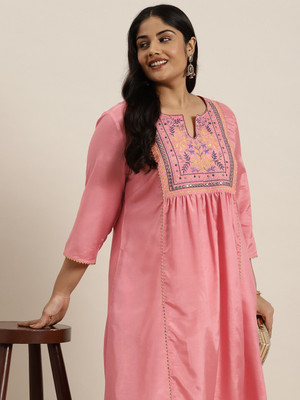 Sztori Women Self Design A-line Kurta(Pink)