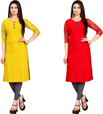 HOFC Women Solid Straight Kurta(Yellow, Red)