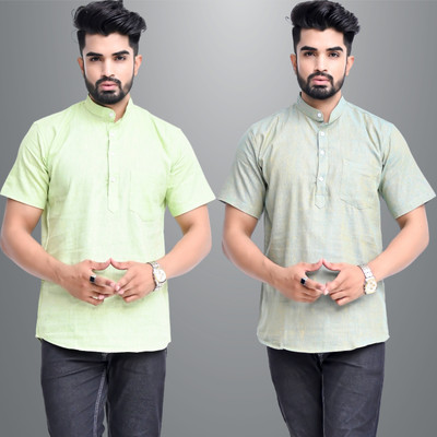 QuaClo Men Solid Straight Kurta(Light Green, Light Blue)