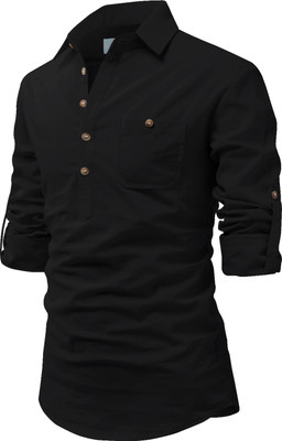 Yugnik Men Solid A-line Kurta(Black)