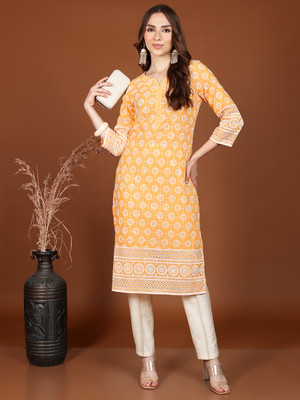 Vishudh Women Solid Straight Kurta(Yellow, White)