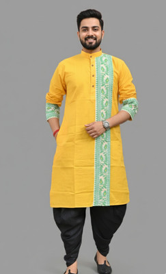 Chandra Men Woven Design Straight Kurta(Yellow)