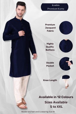 Koshin Men Block Print Straight Kurta(Dark Blue)