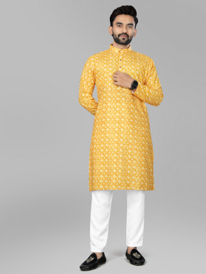 NobleStitch Men Printed Ethnic Dress Kurta(Yellow)
