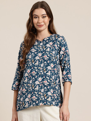 HERE&NOW Women Printed Straight Kurta(Blue)