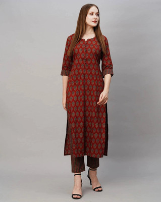 Kairab Women Printed Straight Kurta(Maroon)
