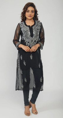 ElegantFashion Women Chikan Embroidery A-line Kurta(Black)