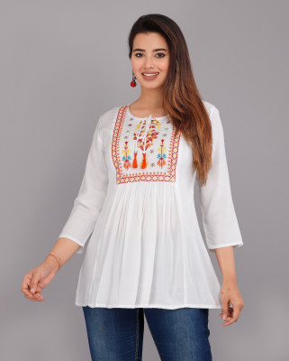 ANonline Women Embroidered Straight Kurta(White)