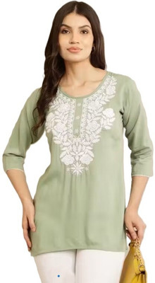 OsWorn Women Chikan Embroidery A-line Kurta(Light Green)