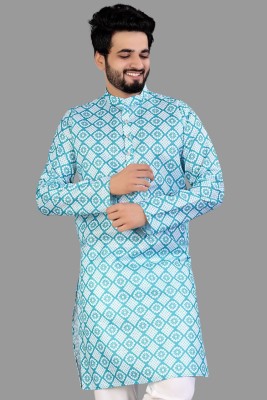 IMAGO Men Printed Straight Kurta(Blue, White)