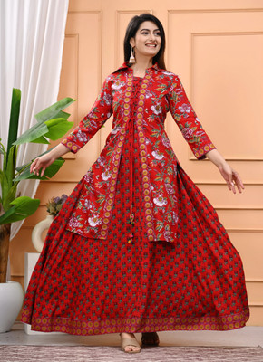 DSS FASHION Women Printed Anarkali Kurta(Red)