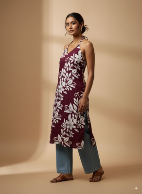 Dhakre fashion Women Floral Print Straight Kurta(Maroon)