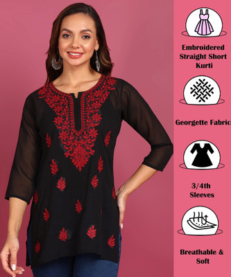 TOP N THREAD Women Chikan Embroidery, Embroidered, Self Design A-line Kurta(Black)