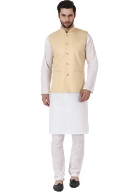 HouseOfCommon Men Self Design Straight Kurta(Beige, White)