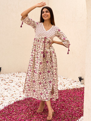 LIBAS Women Printed Flared Kurta(White)