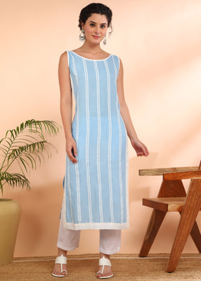 maaesa Women Striped Straight Kurta(Light Blue)