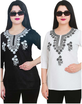 GuptaJiTraders Women Embroidered, Floral Print A-line Kurta(Black, White)