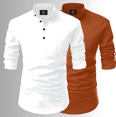 Fashion Marts Men Solid Straight Kurta(White, Brown)