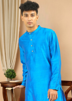 Tattva Men Solid Straight Kurta(Blue)
