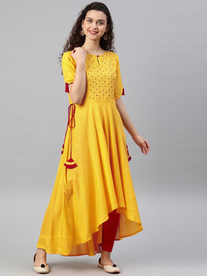 AKIKO Women Embroidered High Low Kurta(Yellow)