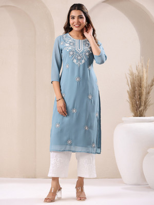 Janasya Women Embroidered Straight Kurta(Blue)