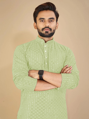 MENSKURTA Men Embellished Straight Kurta(Green)