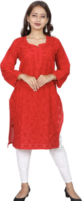 ADR CHIKANKARI Women Embroidered, Chikan Embroidery Straight Kurta(Red)