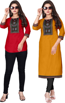 MAHADEVSQUARE Women Embroidered A-line Kurta(Red, Yellow)
